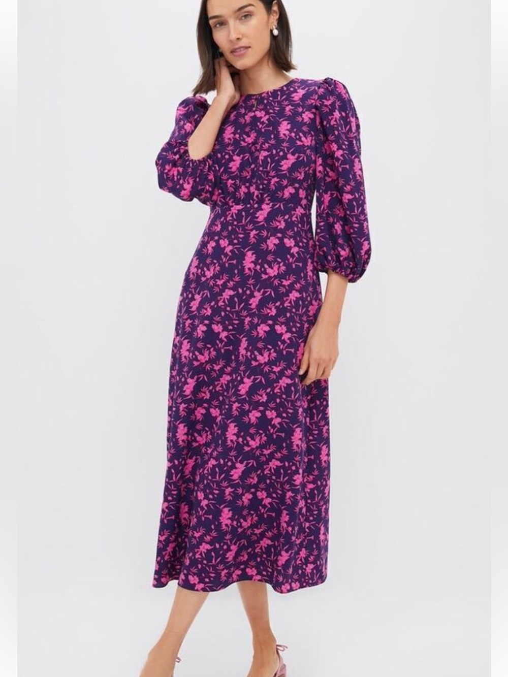 Purple Midi Dress with Pink Floral Print